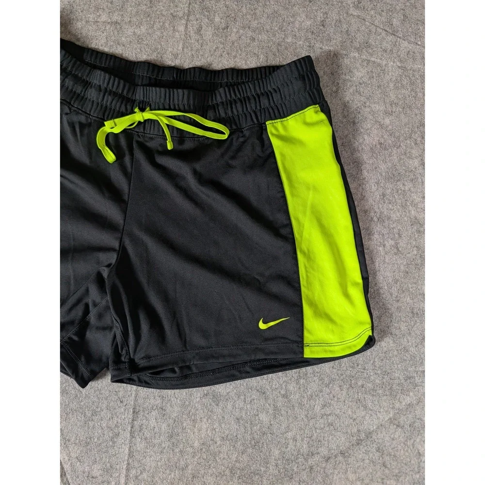 Nike Womens Dri-FIT Athletic Shorts Black Neon Lime Green Running Workout Gym